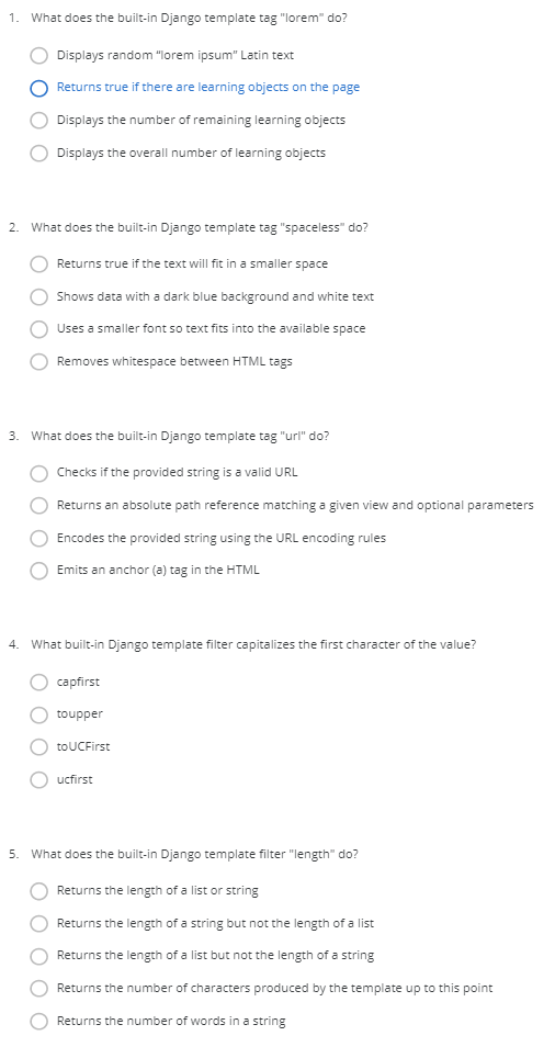  1. What does the built-in Django template tag "lorem" do? Displays