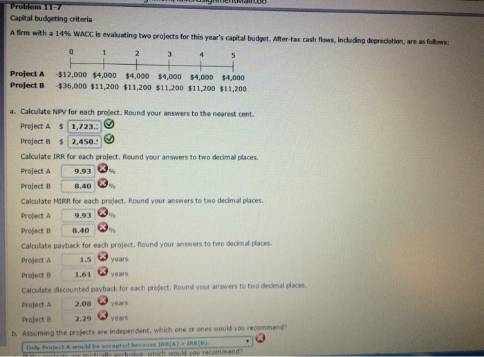  A firm with a 14% WACC is evaluating two projects for