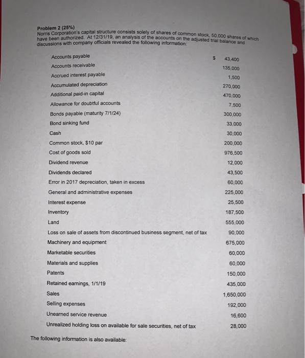  can someone help me solve this Problem 2 (25%) Norris Corporation's