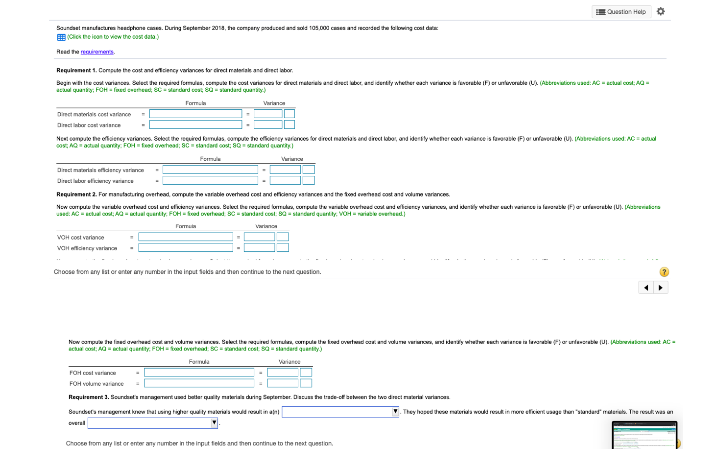 help :) Question Help 0 Soundset manufactures headphone cases. During September 2018,