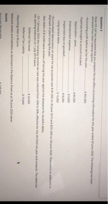  Question 3 Rose Hill Ltd has requested that you prepare the