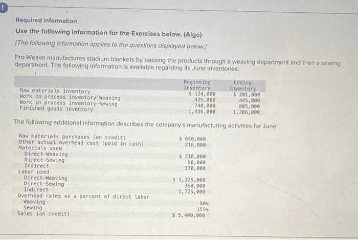  Required information Use the following information for the Exercises below. (Algo)
