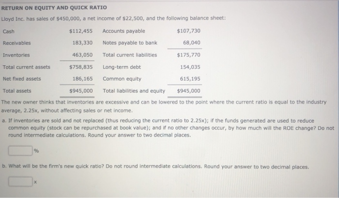  RETURN ON EQUITY AND QUICK RATIO Lloyd Inc. has sales of