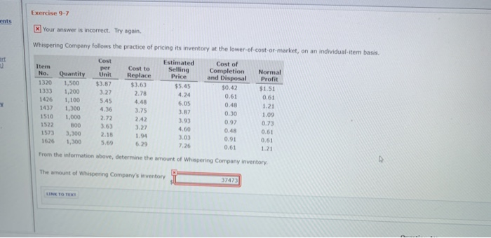  Exercise 9.7 x Your answer is incorrect. Try again Whispering Company