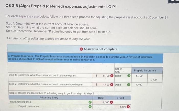please help me corrwct the incorrect number. QS 3-5 (Algo) Prepaid (deferred)