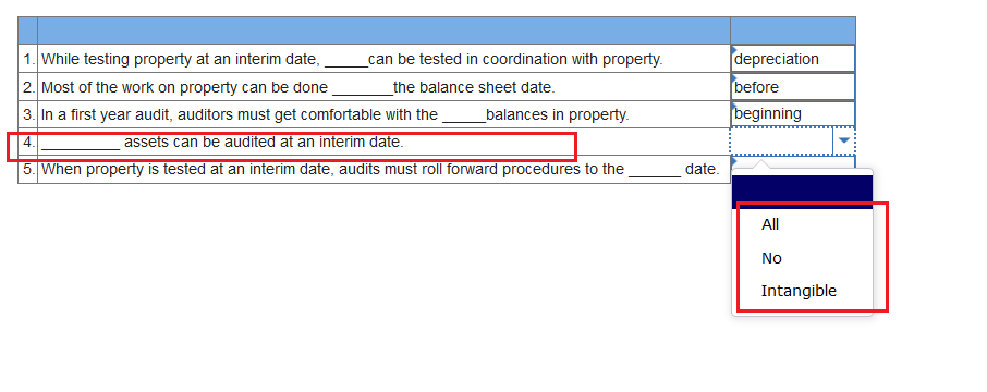 All, No, Intangible ("All" is incorrect) five options for question 5: closest,