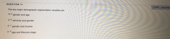  QUESTION 11 points Save Answe The two major demographic segmentation variables