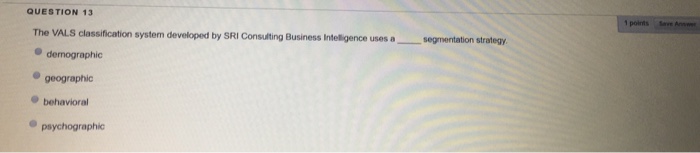  QUESTION 13 points The VALS classification system developed by SRI Consulting