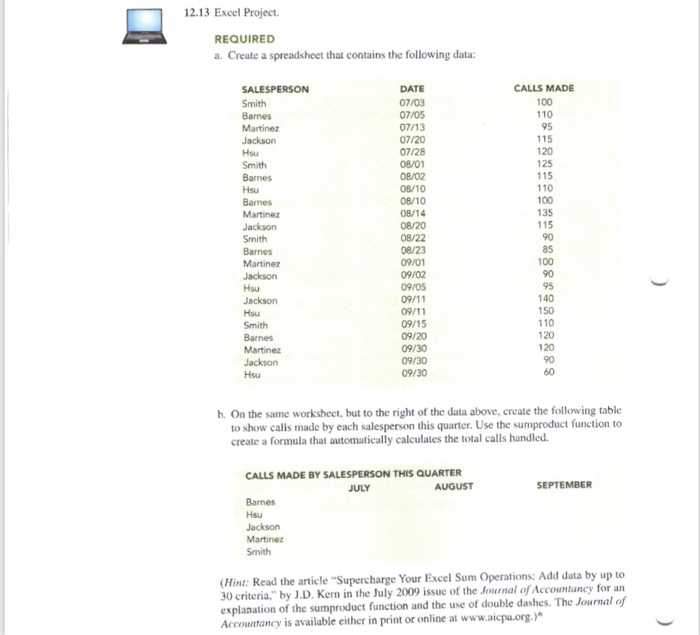  12.13 Excel Project. REQUIRED a. Create a spreadsheet that contains the