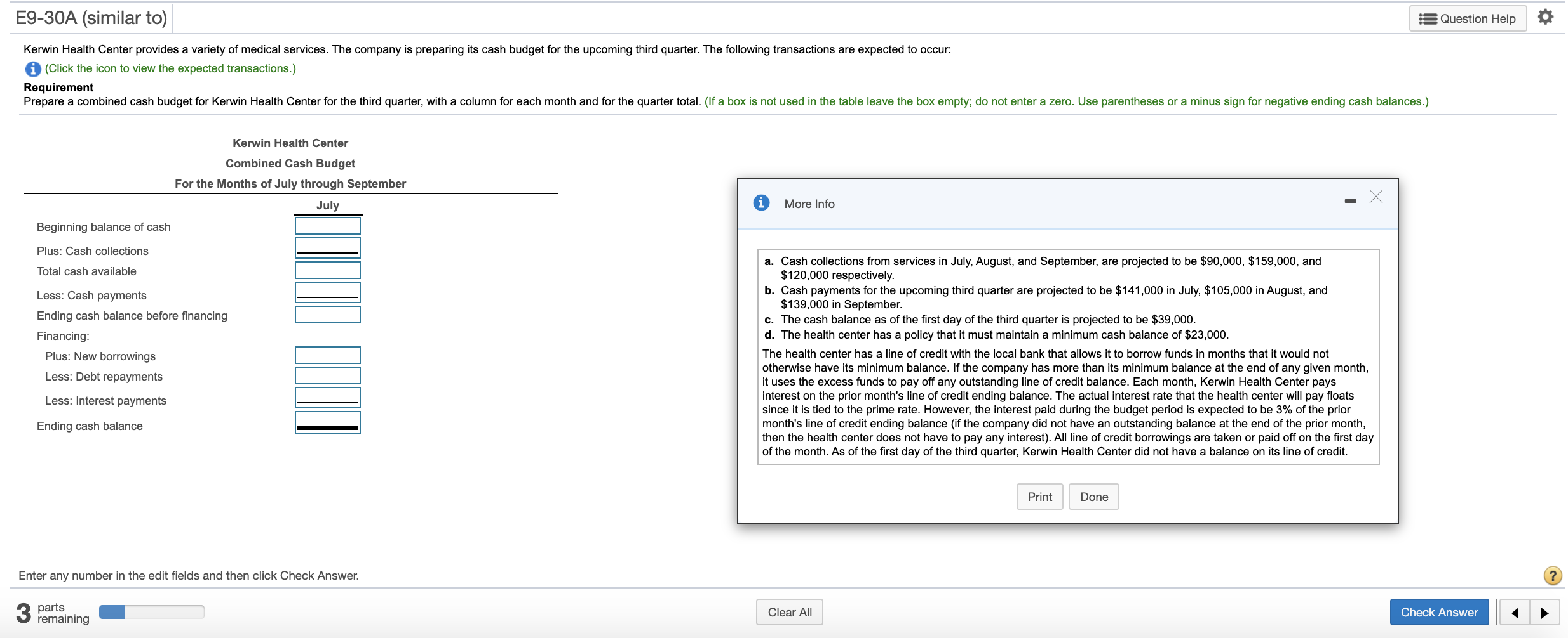 THREE small parts to this question remaining please! E9-30A (similar to)