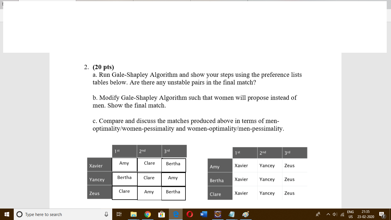 2. (20 pts) a. Run Gale-Shapley Algorithm and show your steps