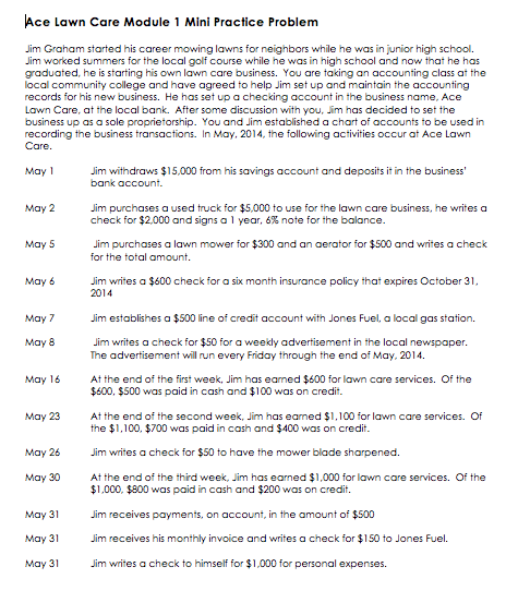  Ace Lawn Care Module 1 Mini Practice Problem Jim Graham started