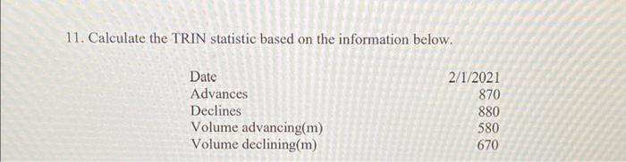  11. Calculate the TRIN statistic based on the information below. Date