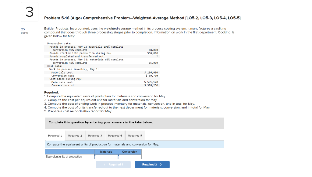  3 Problem 5-16 (Algo) Comprehensive Problem-Weighted Average Method (L05-2, LO5-3, LO5-4,