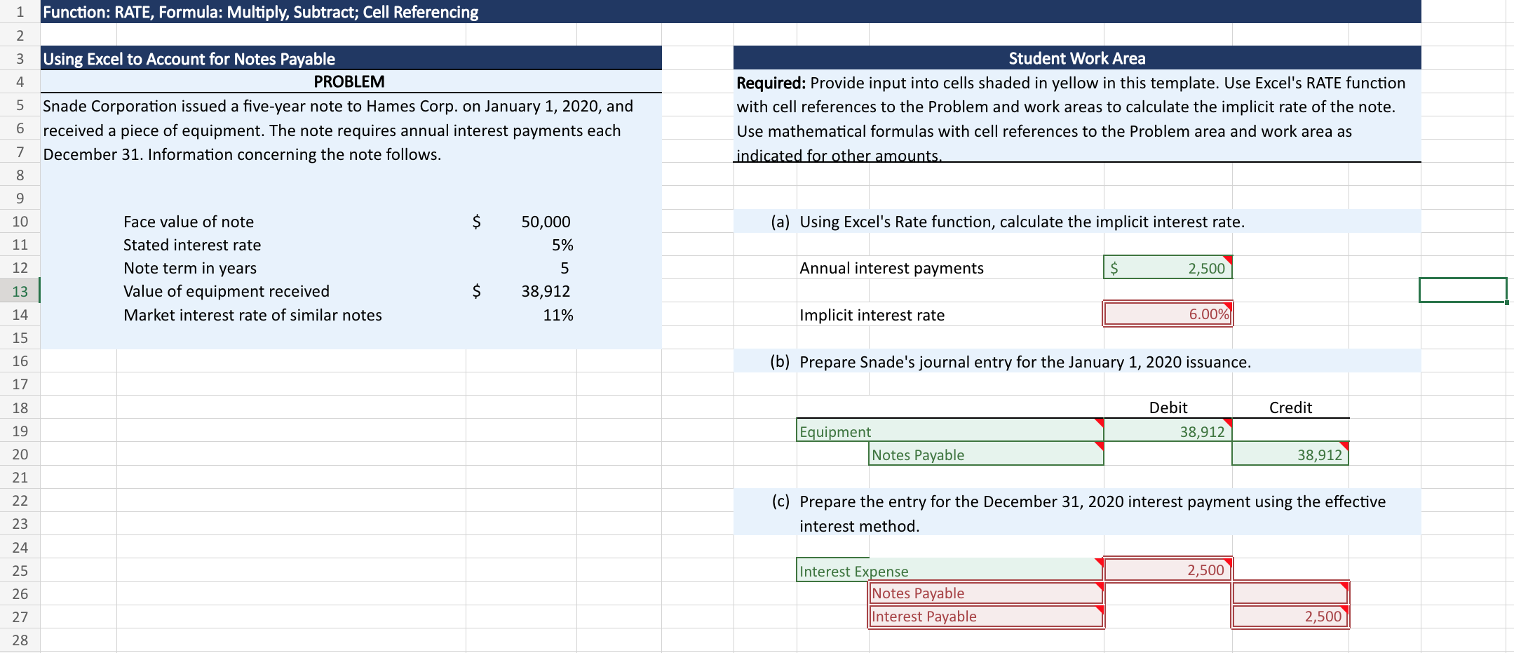  Function: RATE, Formula: Multiply, Subtract; Cell Referencing Using Excel to Account