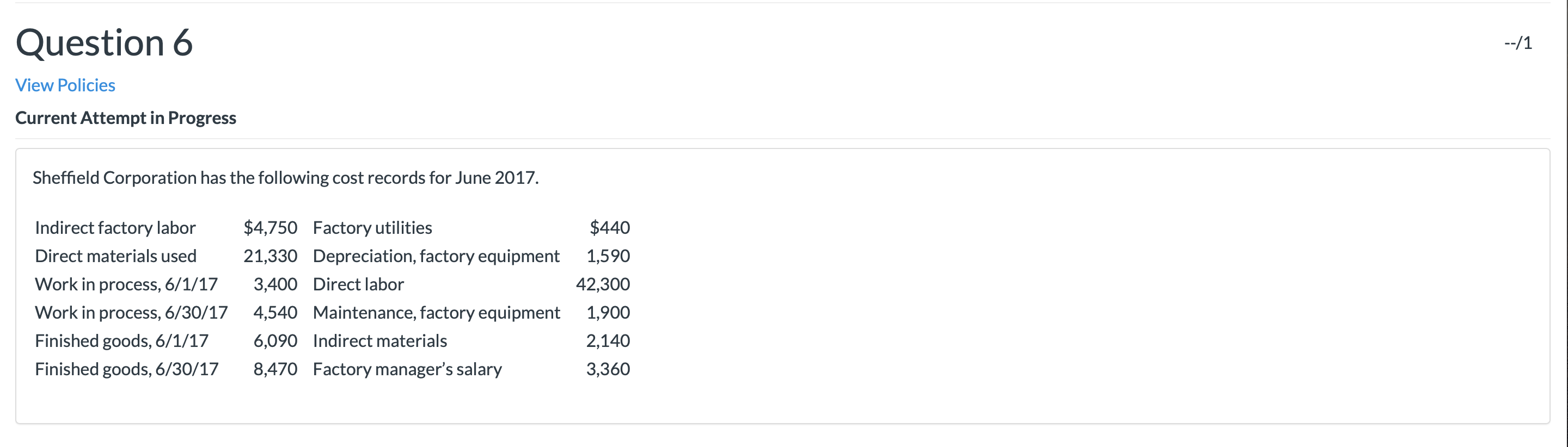  Question 6 --/1 View Policies Current Attempt in Progress Sheffield Corporation