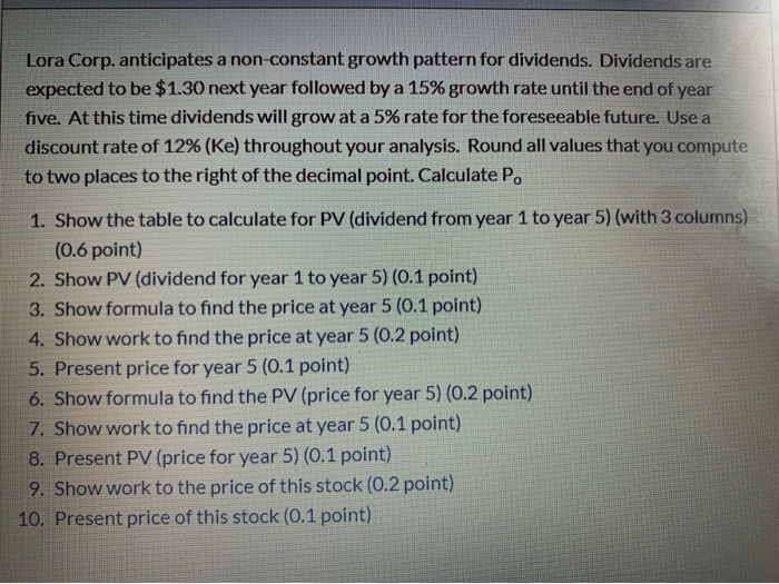  Lora Corp. anticipates a non-constant growth pattern for dividends. Dividends are
