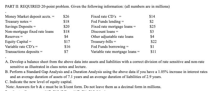 PART II: REQUIRED 20-point problem. Given the following information: (all numbers