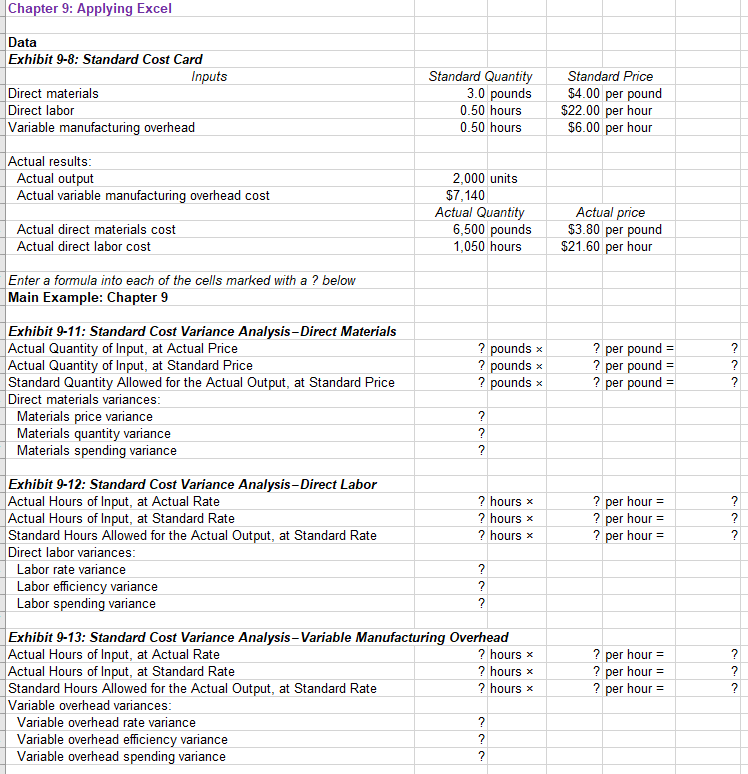 Chapter 9: Applying Excel Data Exhibit 9-8: Standard Cost Card Inputs