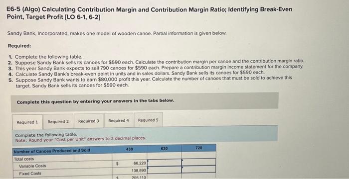  E6-5 (Algo) Calculating Contribution Margin and Contribution Margin Ratio; Identifying Break-Even