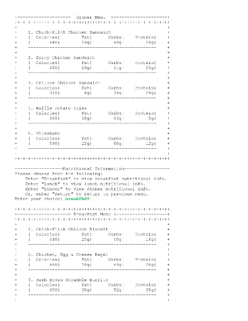 FSC Chick-fil-A Ordering System | Please choose from the following menu: 1.