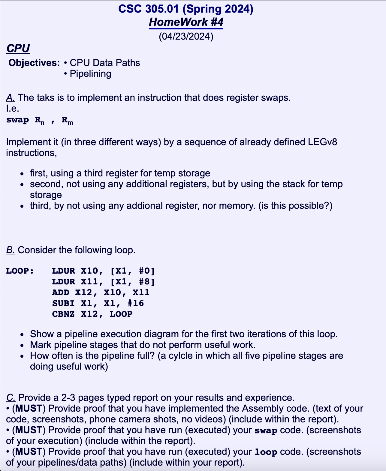  CSC 305.01(Spring 2024) HomeWork #4 (0423?2024) CPU Objectives: * CPU Data