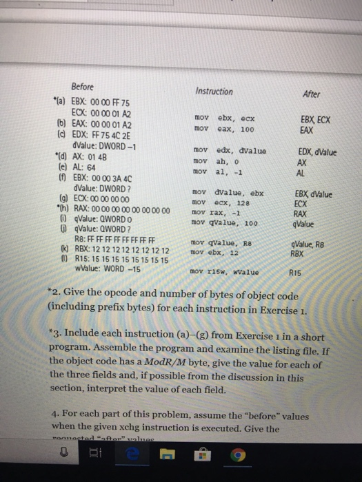 each part ofthis problem,assume the "before values when the given mov instruction
