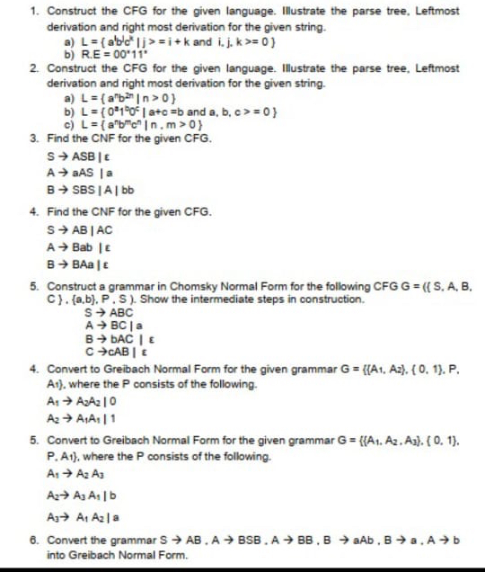  Construct the CFG for the given language. Illustrate the parse tree,