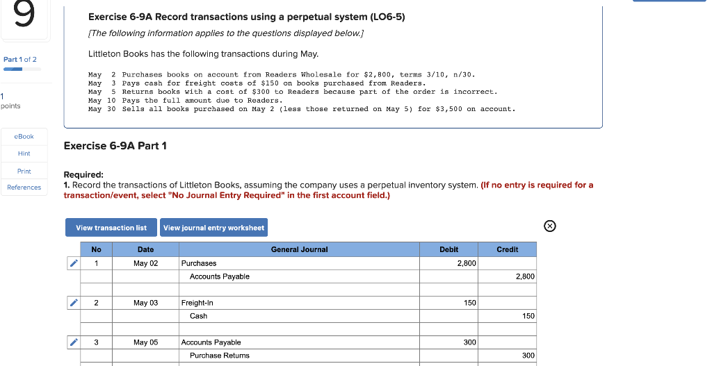 Exercise 6-9A Record transactions using a perpetual system (L06-5) The following