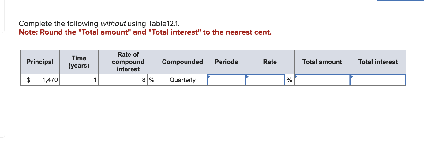  Complete the following without using Table12.1. Note: Round the "Total amount"