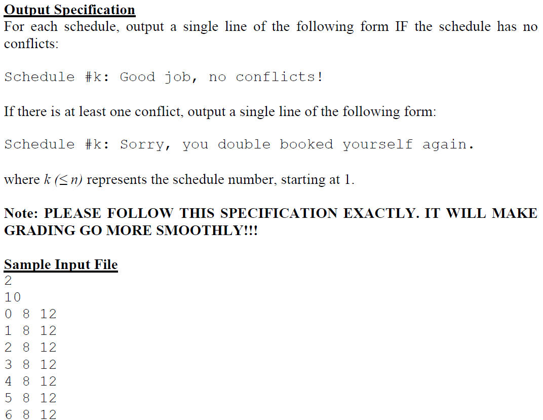 copied and pasted below the assignment... ~~~ schedules.txt ~~~ 15 1 5