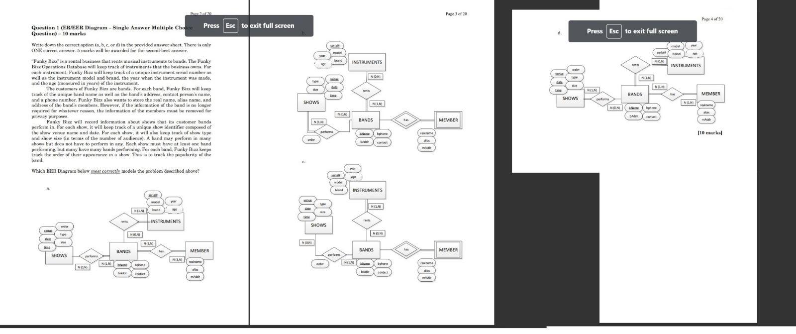 Question 1 (ER/EER Diagram-Single Answer Multiple Cho Question) - 10 marks