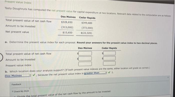  Present Value Index Tasty Doughnuts has computed the net present value