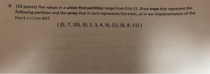  8. (10 points) The values in a union-find partition range from