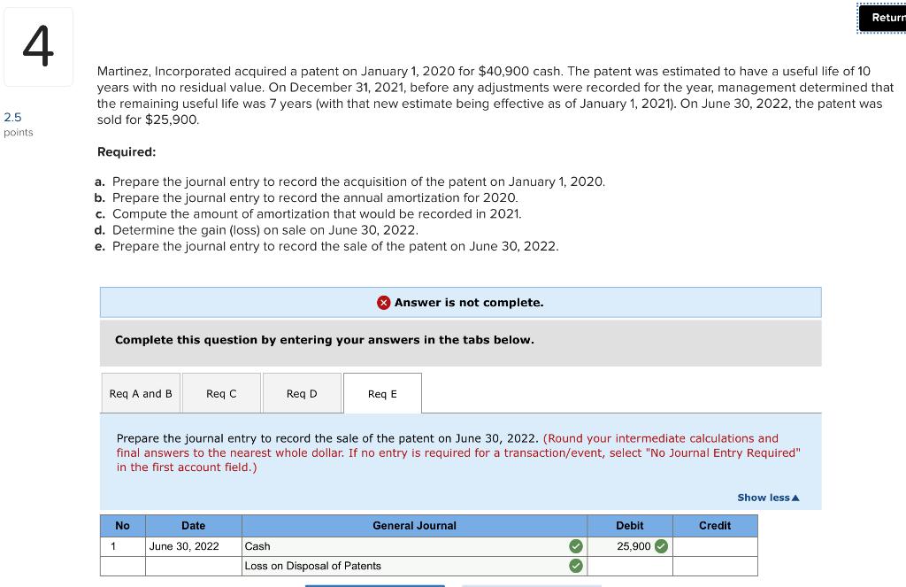 I calculate the loss? Martinez, Incorporated acquired a patent on January 1,2020