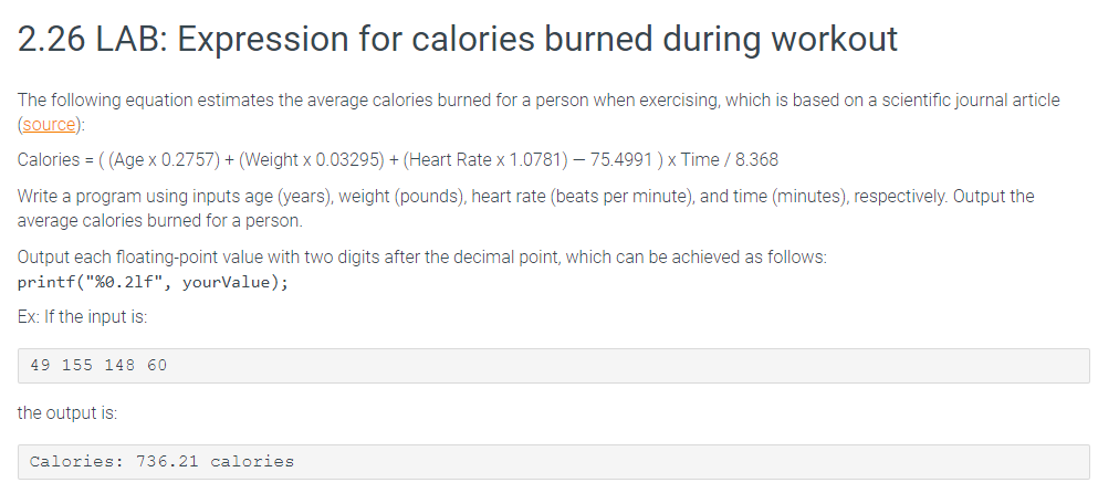 in C program 2.26 LAB: Expression for calories burned during workout