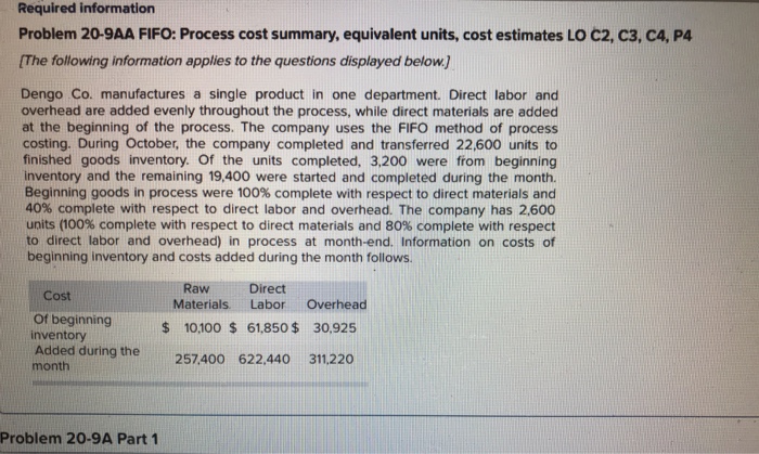  Problem 20-9AA FIFO: Process Cost Summary, equivalent units, cost estimates Required