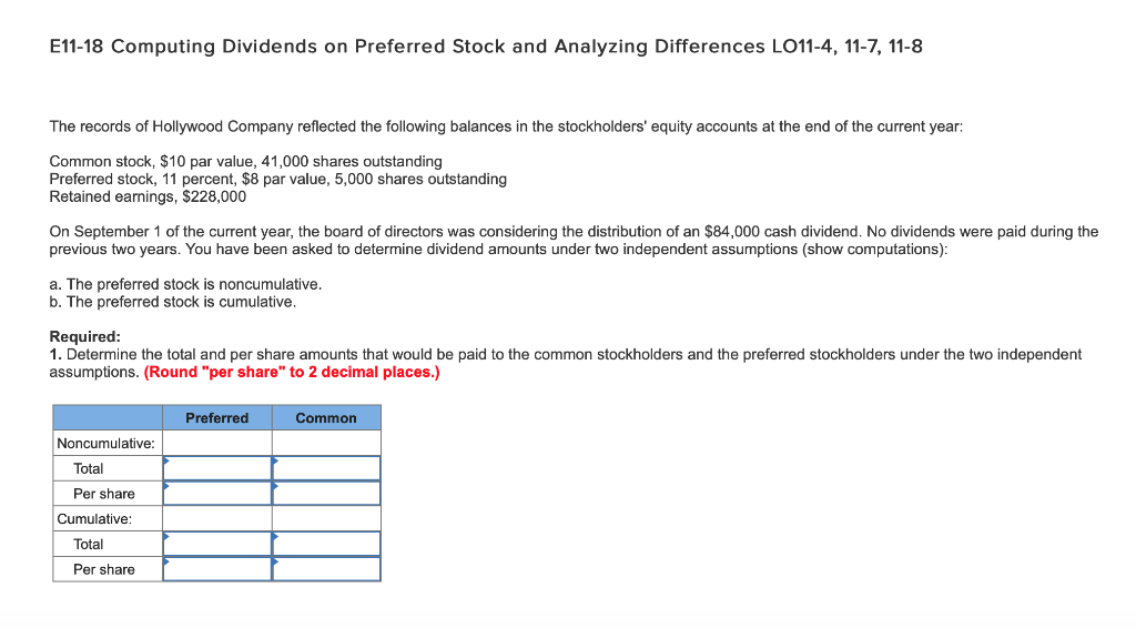  E11-18 Computing Dividends on Preferred Stock and Analyzing Differences LO11-4, 11-7,
