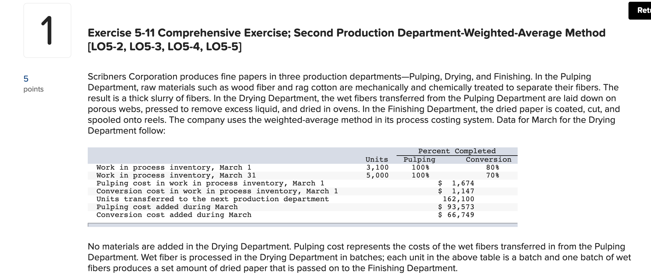 Reti Exercise 5-11 Comprehensive Exercise; Second Production Department-weighted-Average Method [LO5-2, LO5-3,