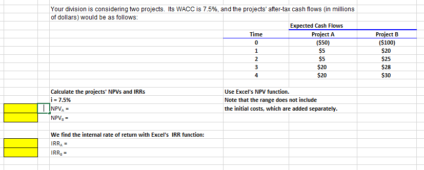  Your division is considering two projects. Its WACC is 7.5%, and