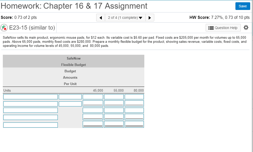  Homework: Chapter 16 & 17 Assignment Save Score: 0.73 of 2