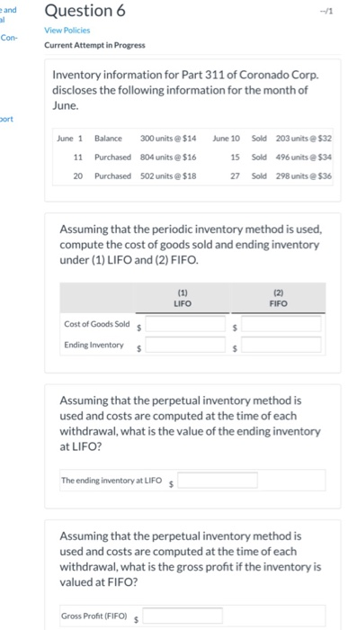 and Question 6 View Policies Current Attempt in Progress Con Inventory