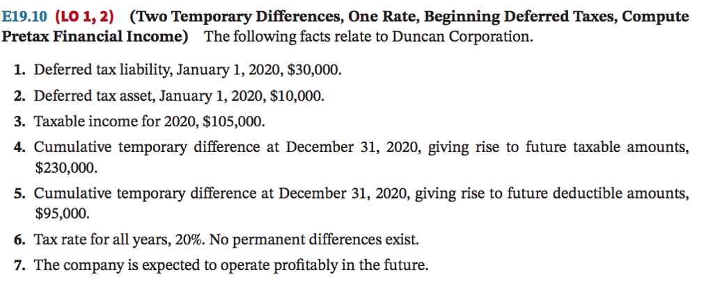  E19.10 (LO 1,2) (Two Temporary Differences, One Rate, Beginning Deferred Taxes,