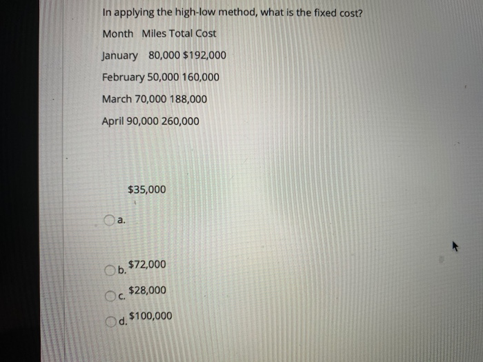  In applying the high-low method, what is the fixed cost? Month