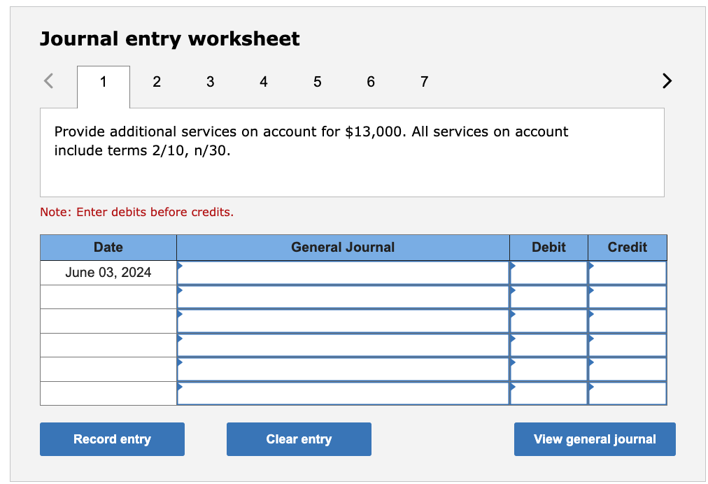 All services on account include terms 2/10,n/30. Note: Enter debits before credits.
