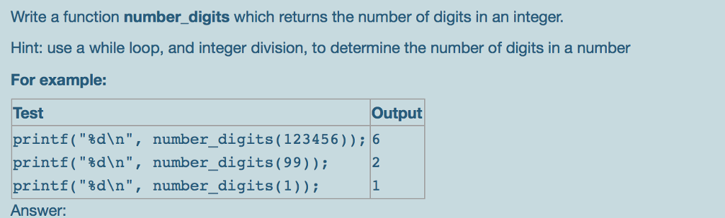 Can i get this solved in C++ Write a function number_digits which