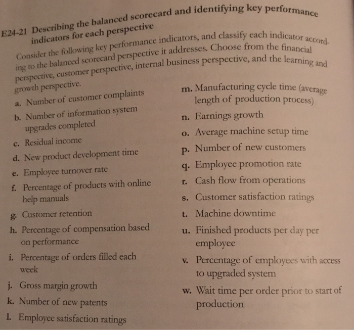  identifying key performance od classify each indicator accord. Choose from the