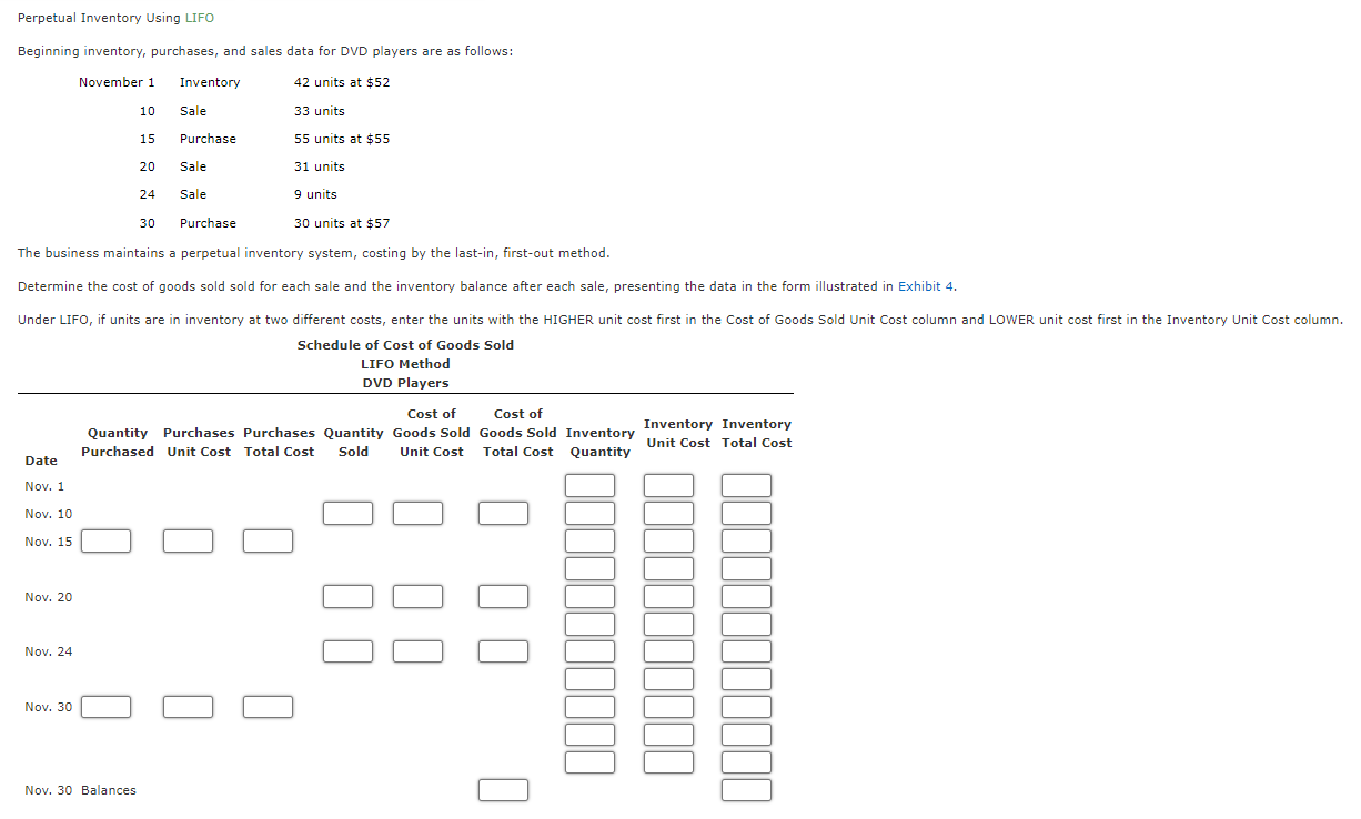  Perpetual Inventory Using LIFO Beginning inventory, purchases, and sales data for