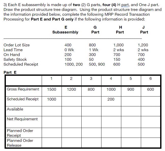 answer part E and part G 3) Each E subassembly is made