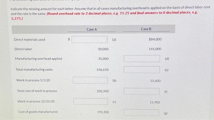  Indicate the missing amount for each letter. Assume that in all